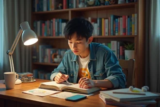 Jeune homme lisant manga à la maison avec des volumes colorés