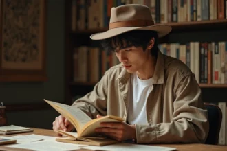 Jeune homme pensif dans une bibliothèque manga