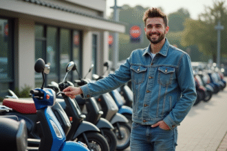 Jeune homme souriant inspectant une moto 125cc en concession
