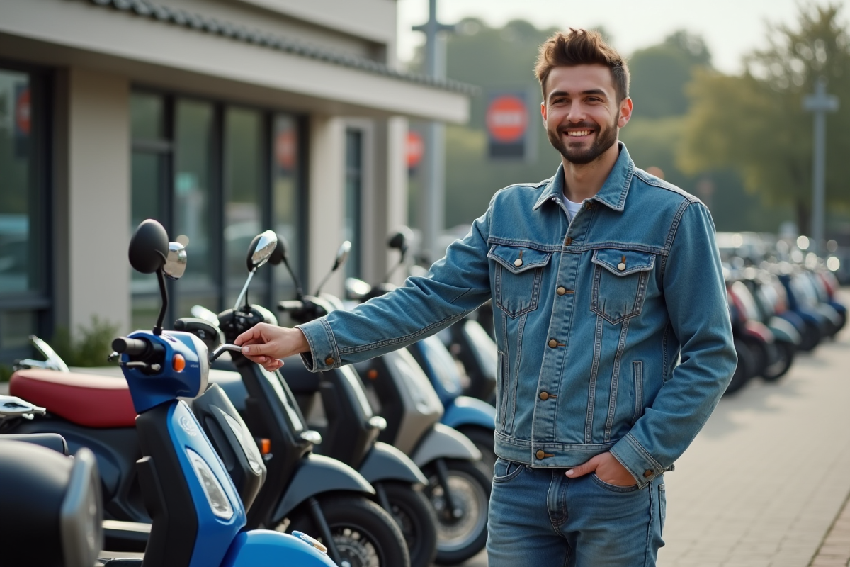 Jeune homme souriant inspectant une moto 125cc en concession