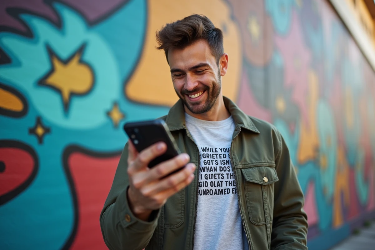 Jeune homme devant un mur urbain coloré et graphique