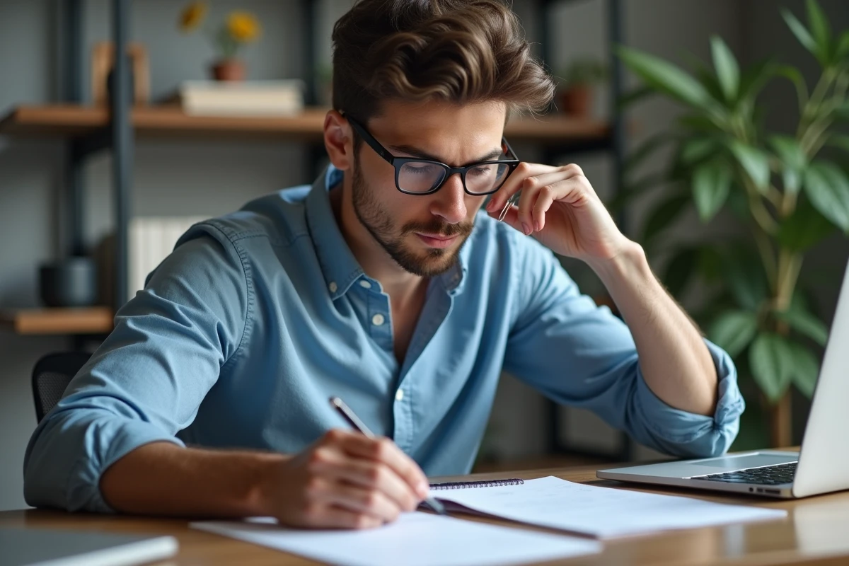 Jeune homme concentré manipulant un trombone dans un bureau moderne