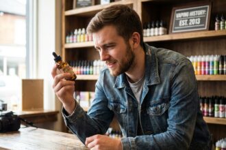 Jeune homme examine un e-liquide dans un vape shop cosy