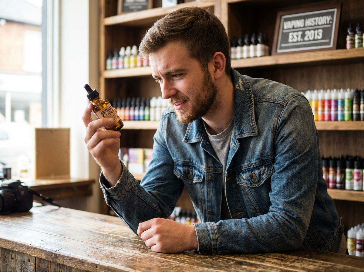 Jeune homme examine un e-liquide dans un vape shop cosy