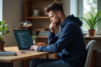 Jeune homme ajustant les réglages VPN sur son ordinateur dans un bureau cosy