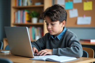 Jeune garçon concentré utilisant un ordinateur dans une classe moderne