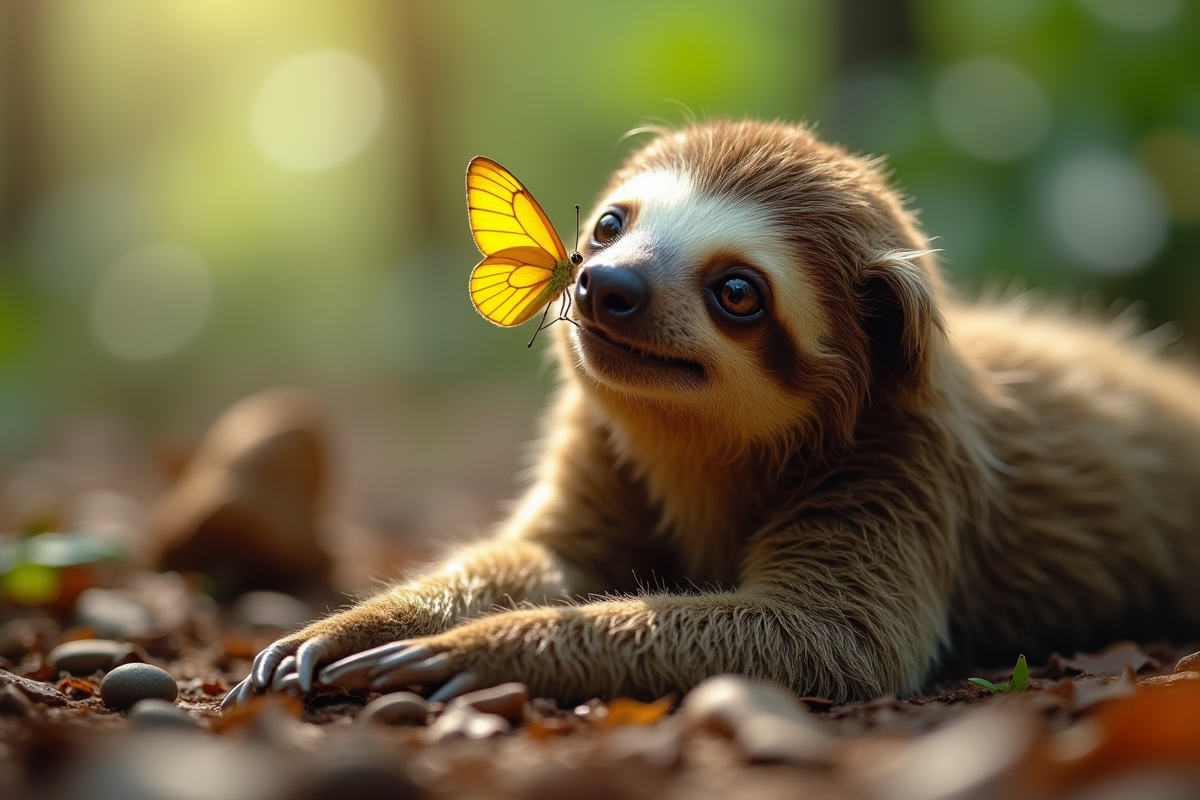 Jeune paresseux regardant un papillon jaune sur son nez