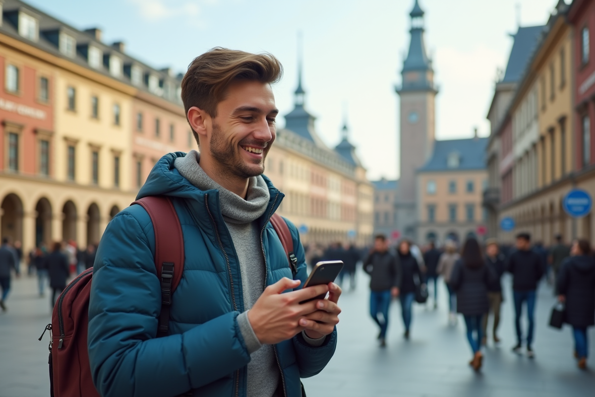 Jeune voyageur avec smartphone dans une place animée