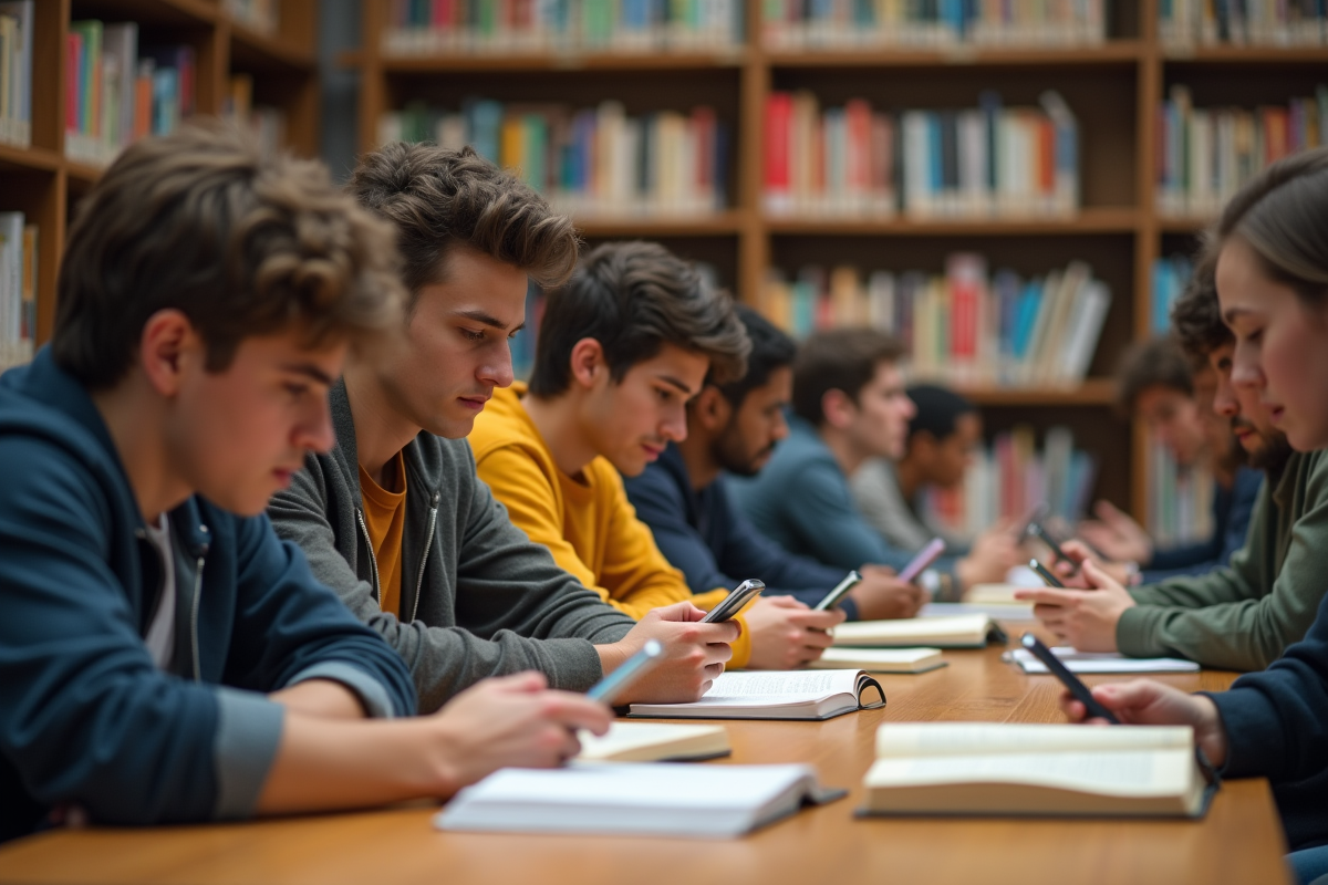 Jeunes adultes absorbés par leurs téléphones dans une bibliothèque