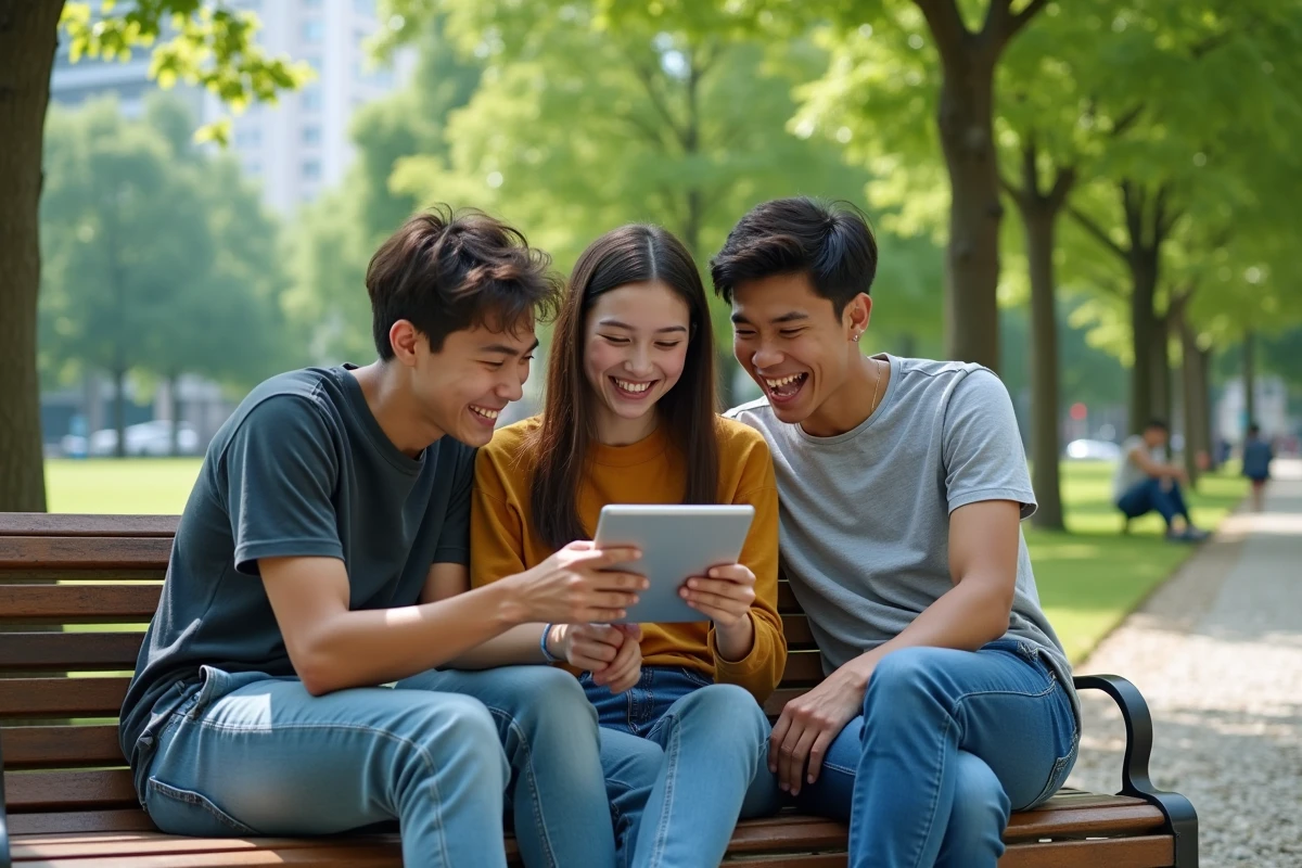 Trois adolescents partageant manga sur une banquette dans un parc