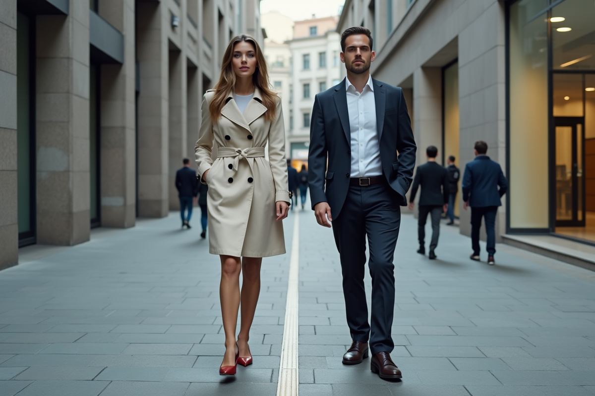 Jeune femme en trench et homme en blazer devant banque