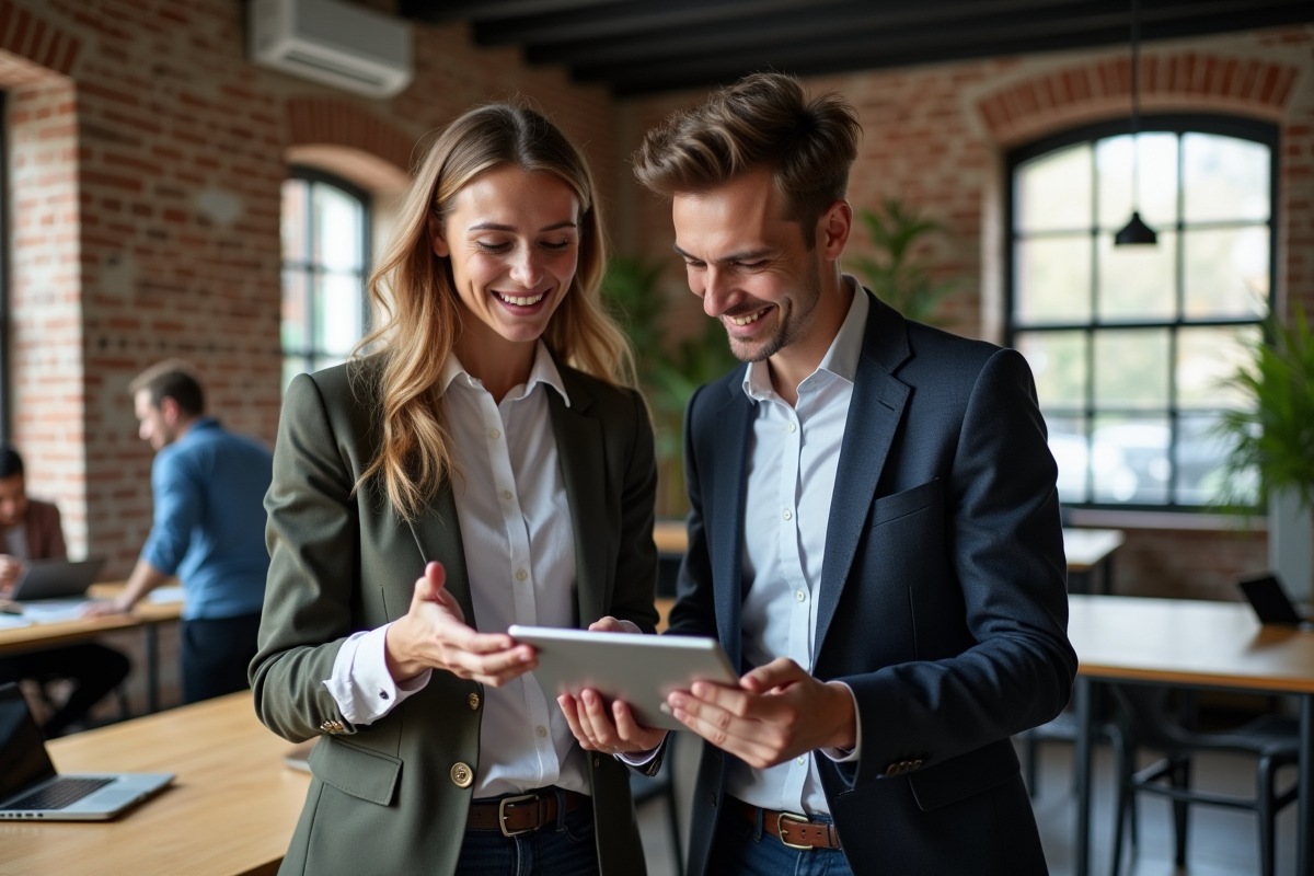 Jeunes professionnels fintech discutant avec tablette