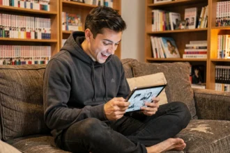 Jeune homme lisant des scans manga sur une tablette dans un salon cosy avec des étagères remplies de volumes manga