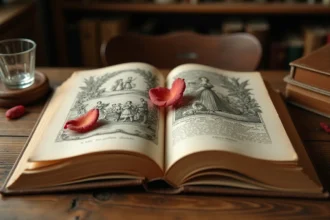 Livre ancien ouvert illustrant un conte de fées avec une pantoufle de verre posée à côté, évoquant Cendrillon de Charles Perrault