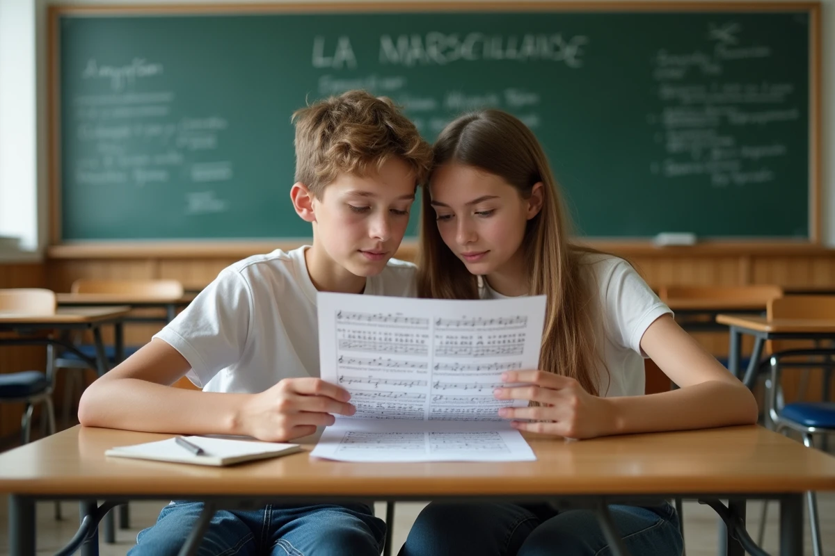 Deux lycéens lisant les paroles complètes de La Marseillaise sur une feuille imprimée dans une salle de classe française