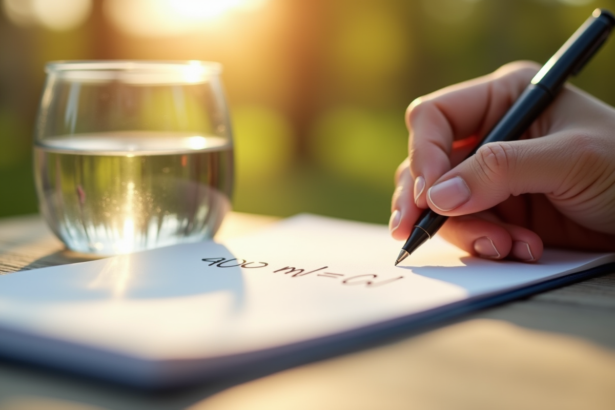 Main écrivant une conversion ml en cl sur un carnet avec eau à proximité