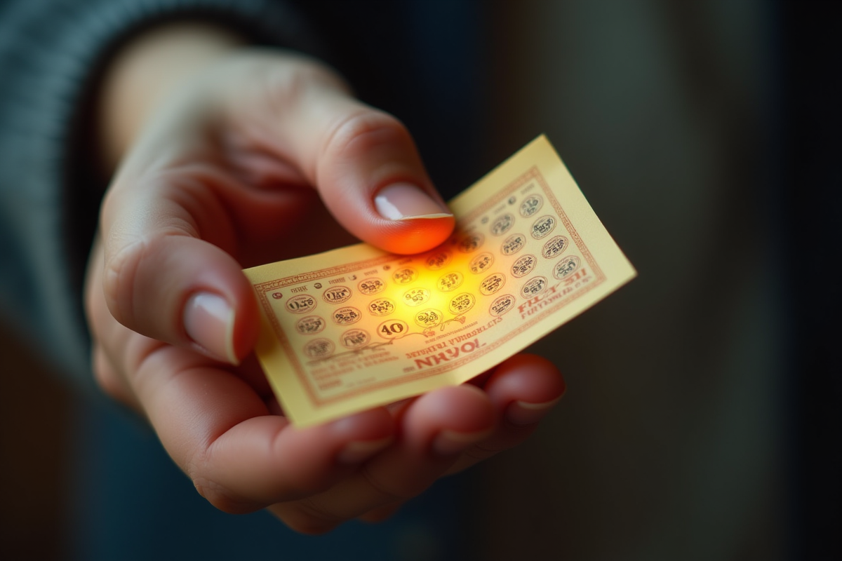 Main sur un ticket de loterie lumineux et numéroté