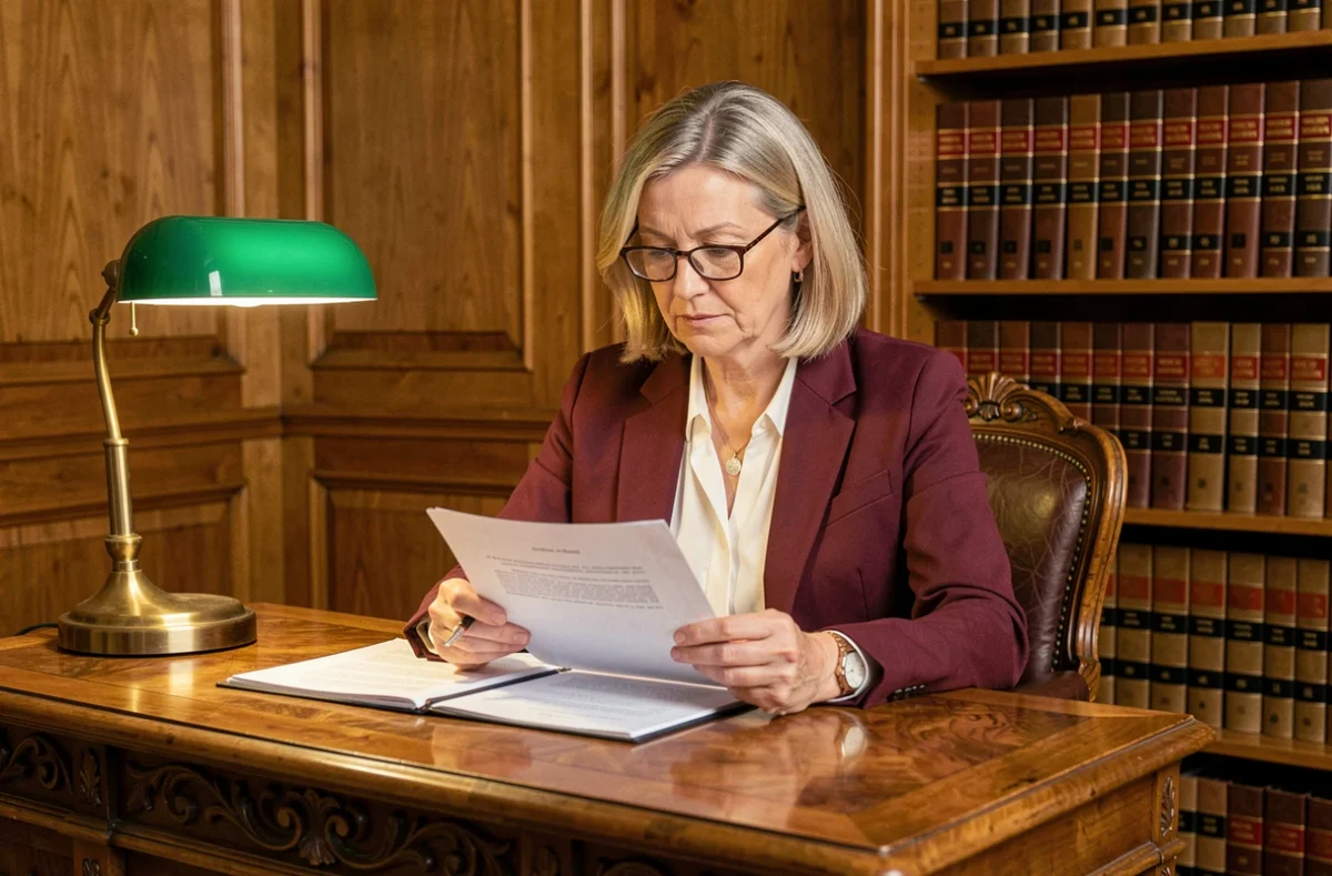 Maître Blandine Hericher Mazel, avocate au Mans, en blazer bordeaux à un bureau en chêne traditionnel