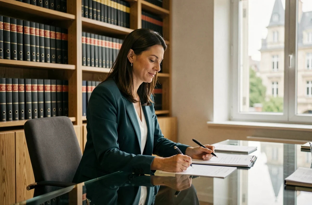 Maître Julie Caverne, avocate à Angers, en blazer teal consultant ses notes dans un bureau contemporain
