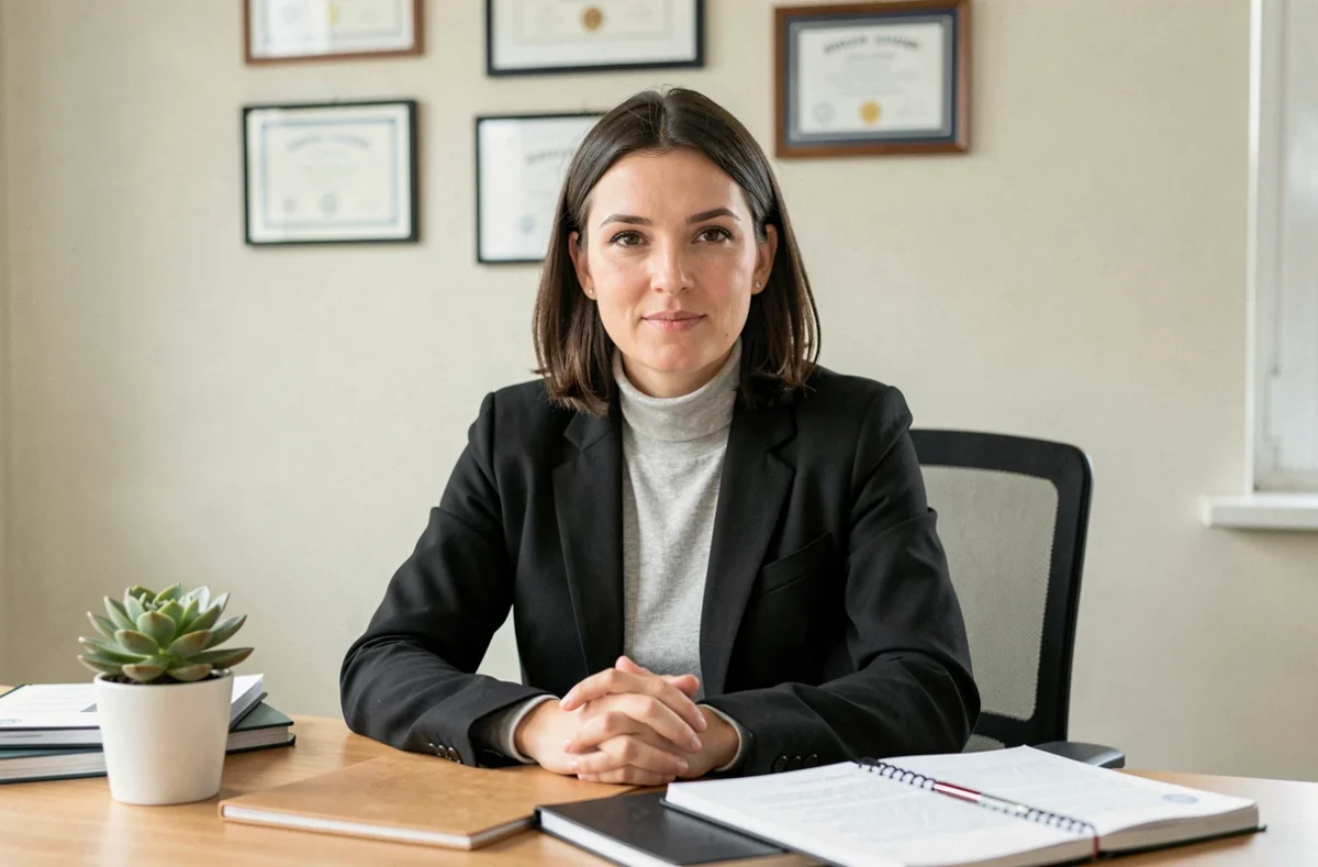 Maître Typhaine Destree, avocate à Nantes, en blazer noir dans un bureau contemporain épuré
