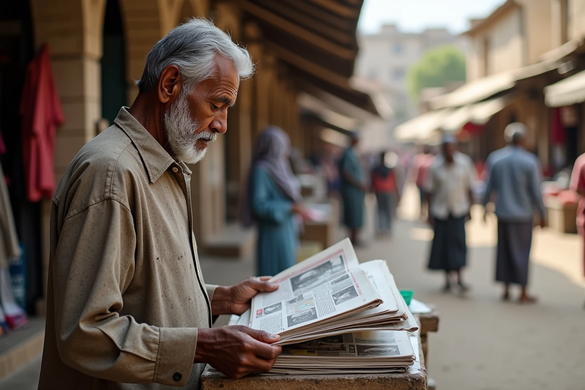 Homme comorien âgé examinant des journaux au marché