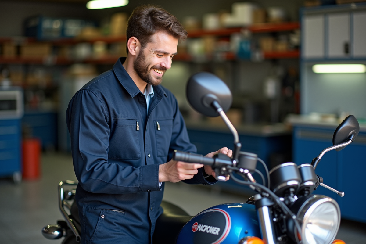 Mécanicien homme en tenue inspectant une moto Magpower Avengers