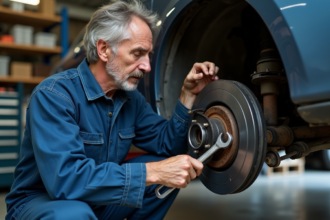 Mécanicien en overalls bleus change un disque de frein