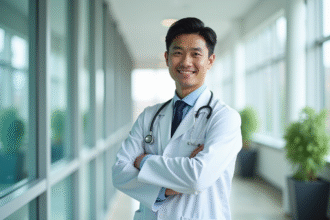 Jeune medecin confiant dans un couloir d'hopital lumineux