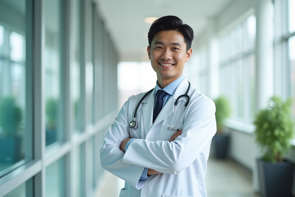 Jeune medecin confiant dans un couloir d'hopital lumineux