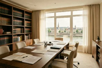Intérieur d'un cabinet d'avocats moderne dans les Pays de la Loire avec table de conférence et bibliothèque juridique