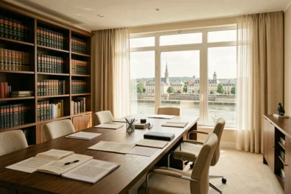 Intérieur d'un cabinet d'avocats moderne dans les Pays de la Loire avec table de conférence et bibliothèque juridique
