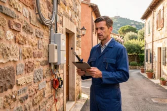 Un électricien professionnel en uniforme devant un bâtiment en pierre typique de Haute-Corse