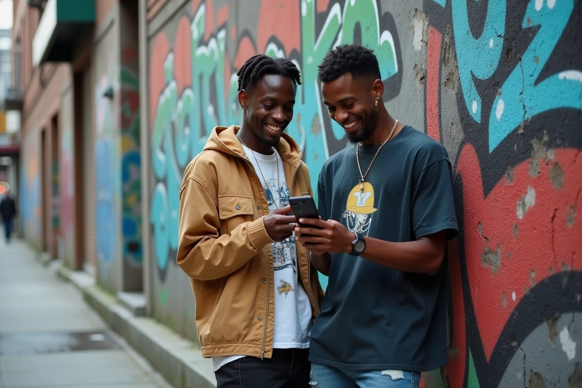 Deux membres du groupe 3piece devant un mur de street art consultant leurs réseaux sociaux en ville