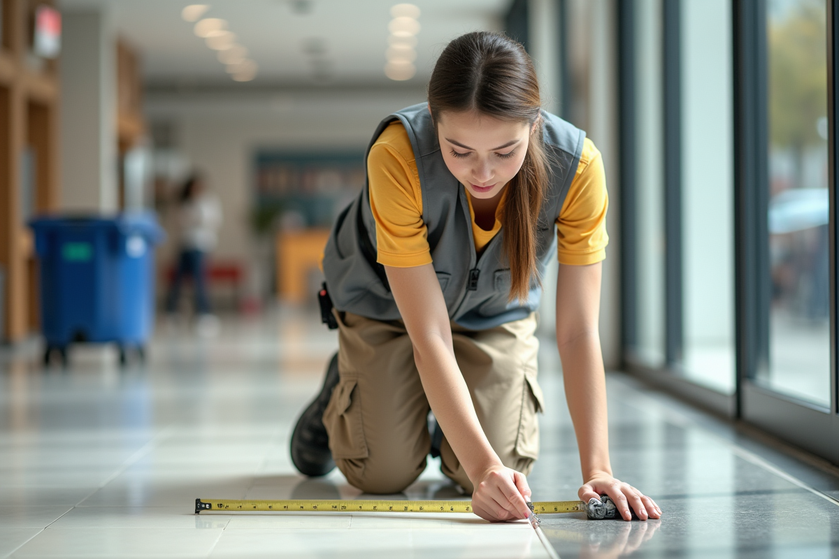 Jeune technicienne mesurant un sol carrelé intérieur