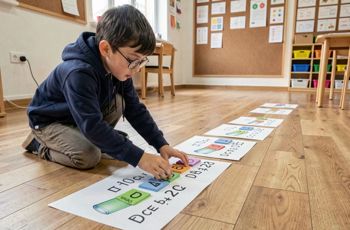 Garçon avec lunettes manipulant des cartes visuelles au sol pour apprendre la conversion litre cm3 en classe inclusive