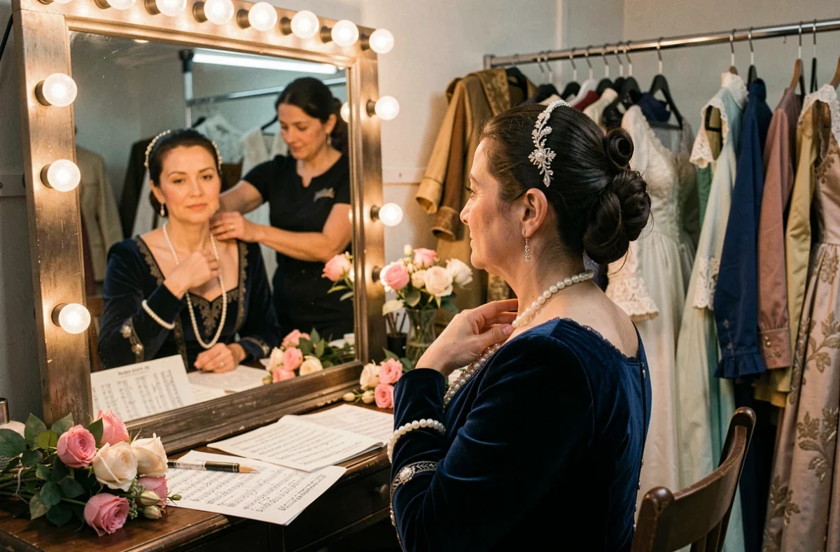 Célèbre mezzo-soprano se préparant dans sa loge backstage entourée de costumes d'opéra