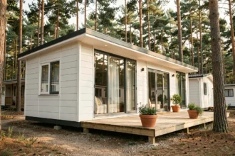 Mobil-home moderne de marque française installé dans un camping entouré de pins avec terrasse en bois