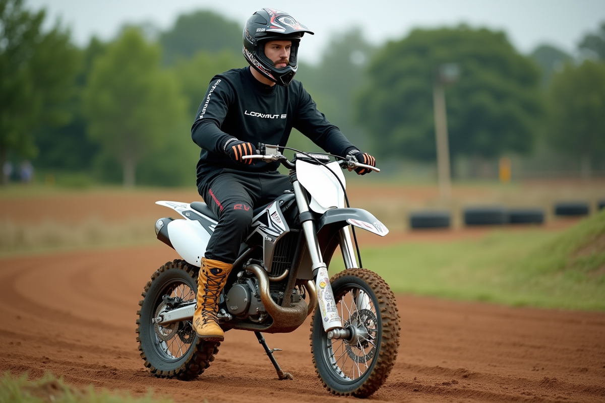 Coureur de motocross confiant sur sa moto 50cc en extérieur
