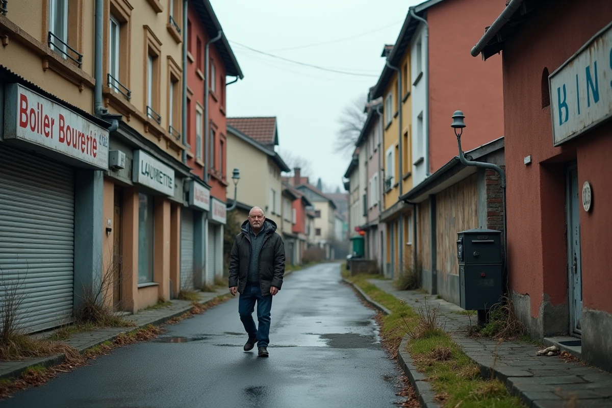 Quartier dégradé de Mulhouse avec maisons alsaciennes négligées, commerces fermés et homme fatigué marchant sur un trottoir fissuré