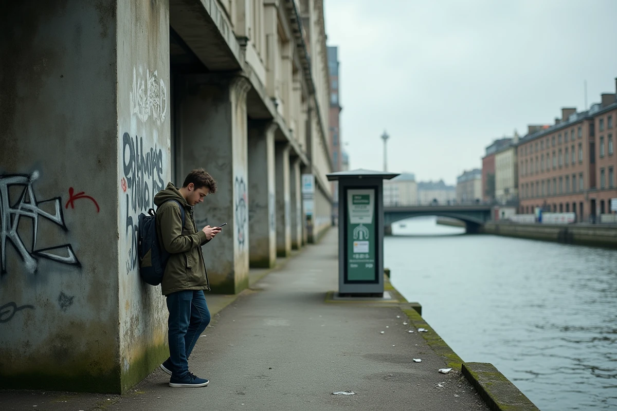 Zone industrielle reconvertie de Nantes avec graffitis et jeune homme nerveux, illustrant la montée de la délinquance à Nantes