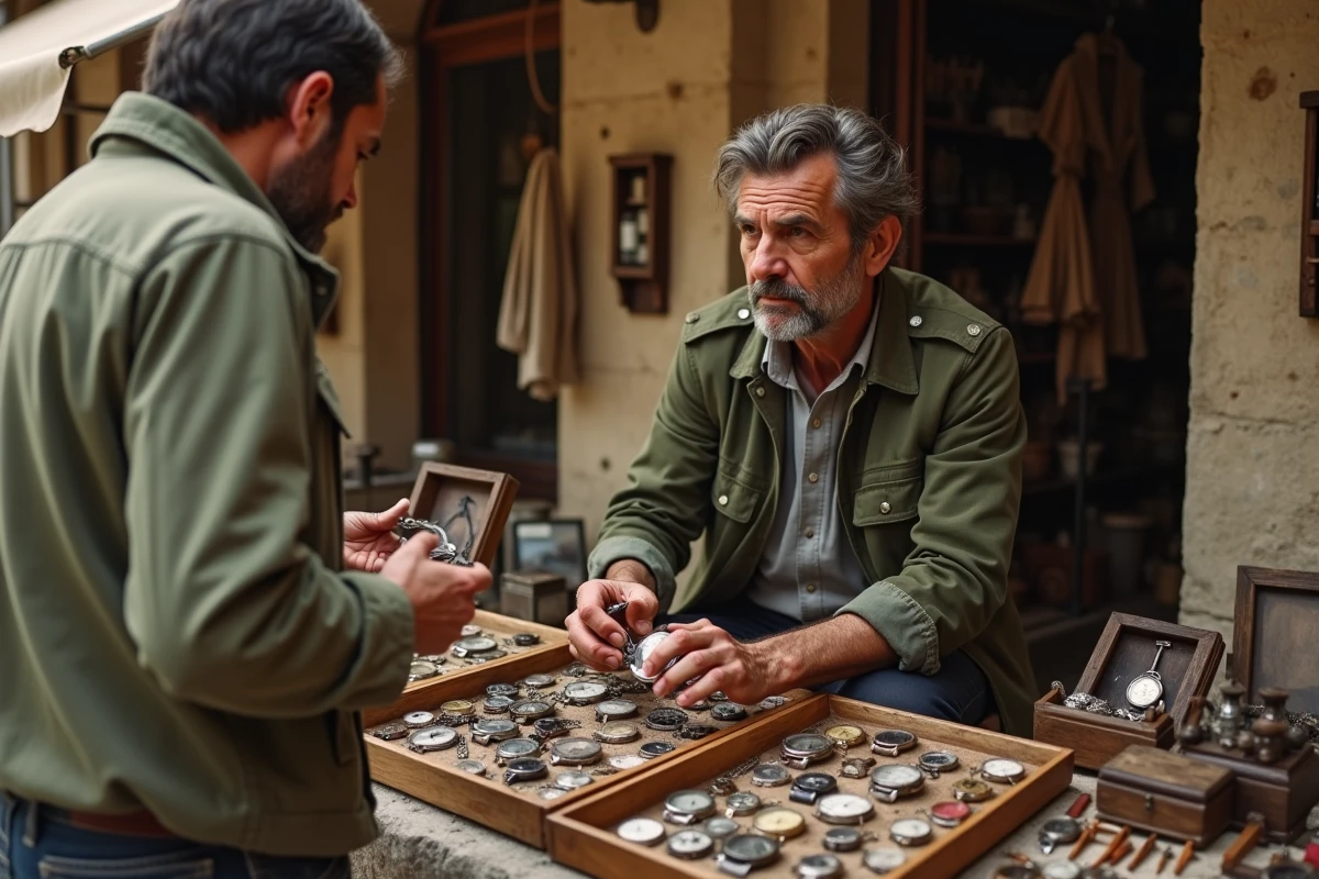 Homme en train de négocier le prix d'une montre ancienne avec un vendeur lors d'une brocante dans les Alpes-Maritimes