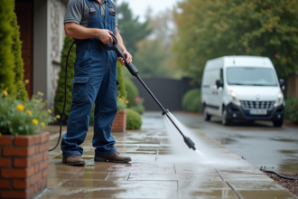 Ouvrier en overalls bleus nettoyant une allée en pierre