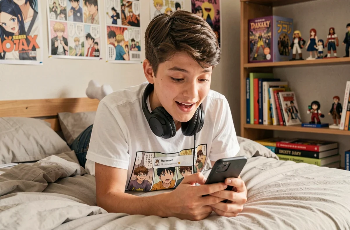 Adolescent allongé sur son lit consultant les notifications de nouveaux chapitres de scans manga sur son smartphone