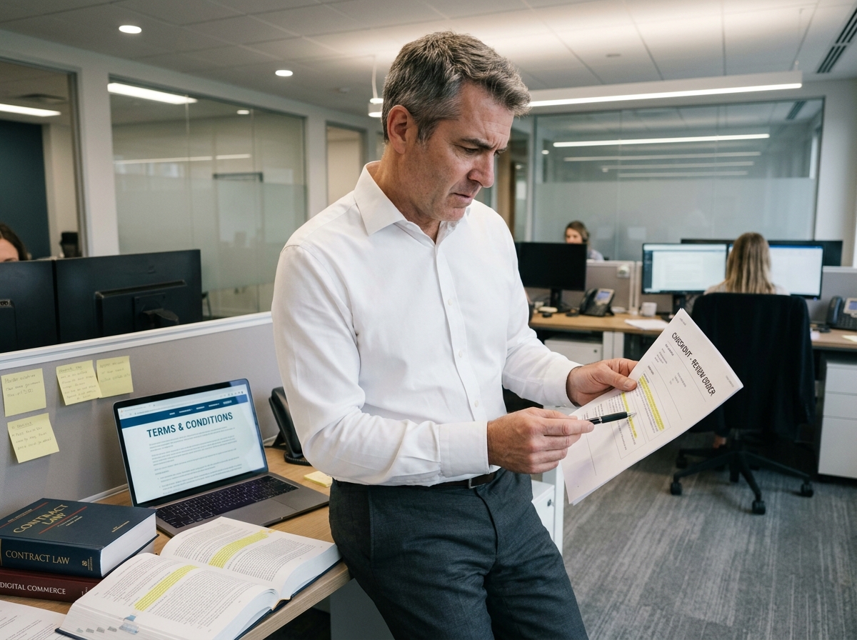 Homme d'affaires étudiant les obligations légales d'un parcours d'achat en ligne en examinant des documents imprimés et des référentiels juridiques