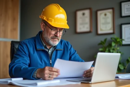 Ouvrier en chantier examinant des documents dans un bureau moderne