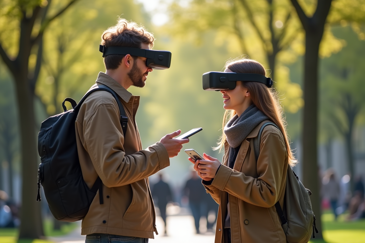 Personnes utilisant des appareils connectés dans un parc urbain en plein air