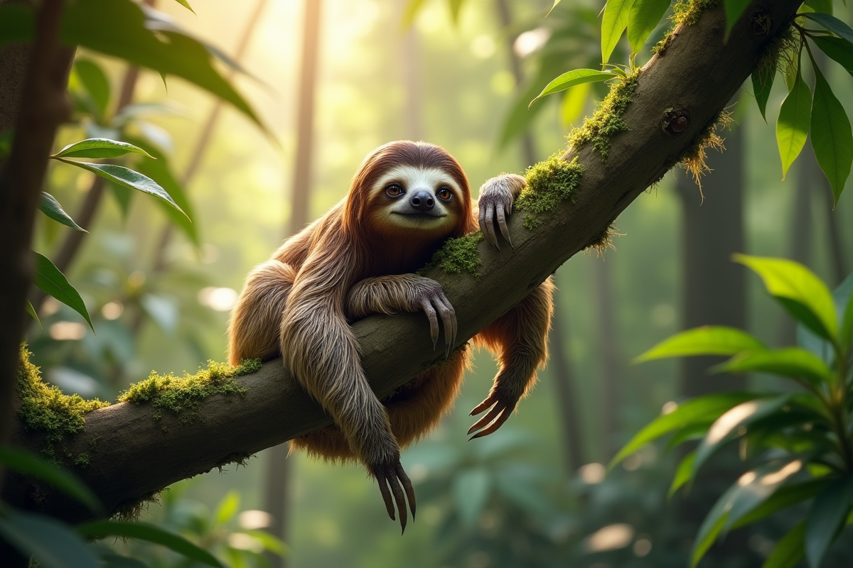 Paresseux à trois doigts suspendu dans la forêt tropicale