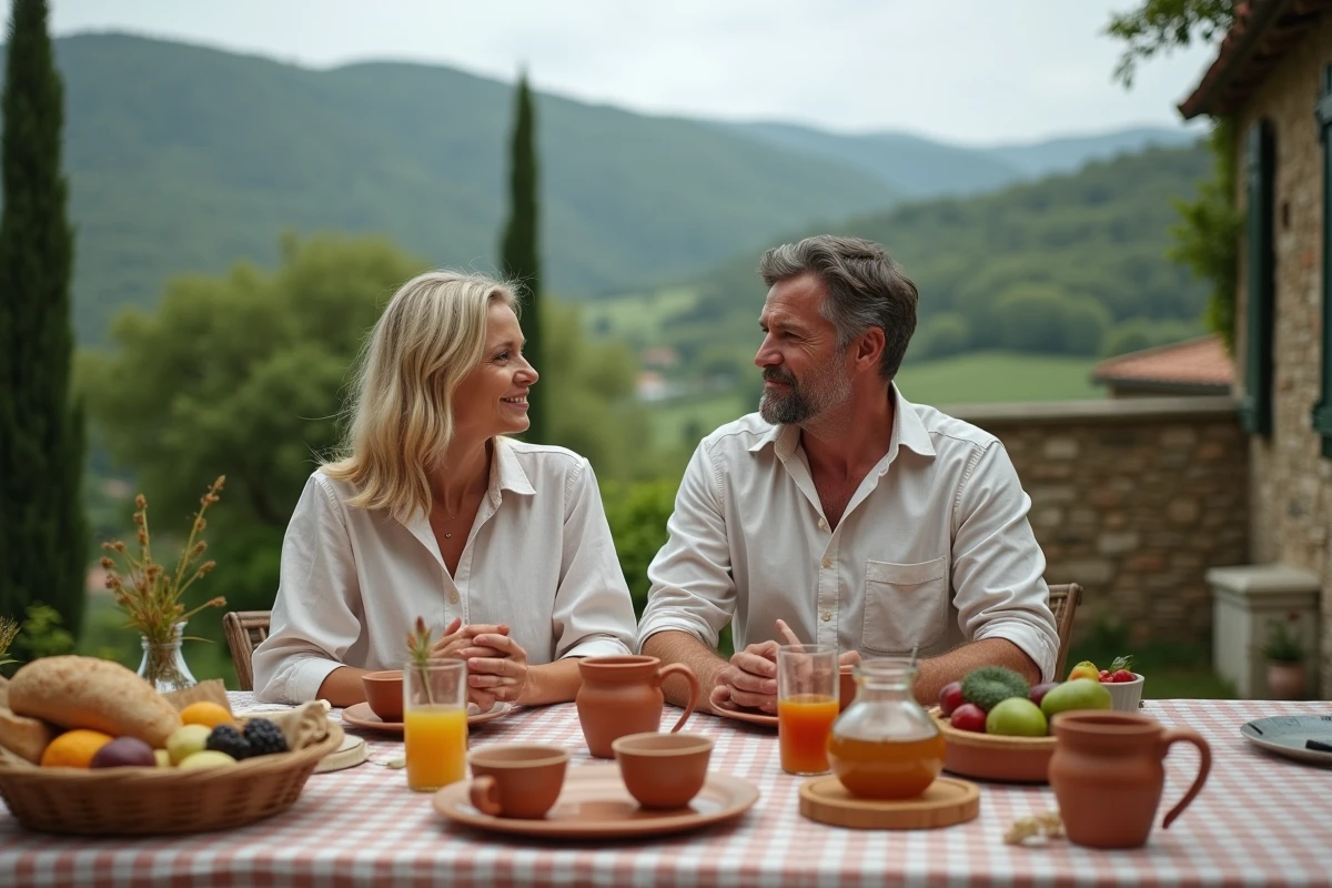 Couple prenant le petit-déjeuner en terrasse dans un gîte de la Drôme proche du château du Facteur Cheval, avec vue sur les collines provençales