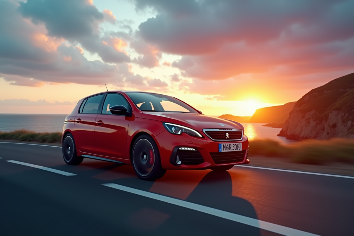 Peugeot 308 GTI roulant à toute vitesse sur une route côtière au lever du soleil
