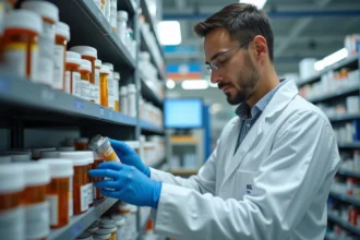 Pharmacien en blouse blanche organisant des médicaments dans une pharmacie moderne avec écrans numériques en arrière-plan